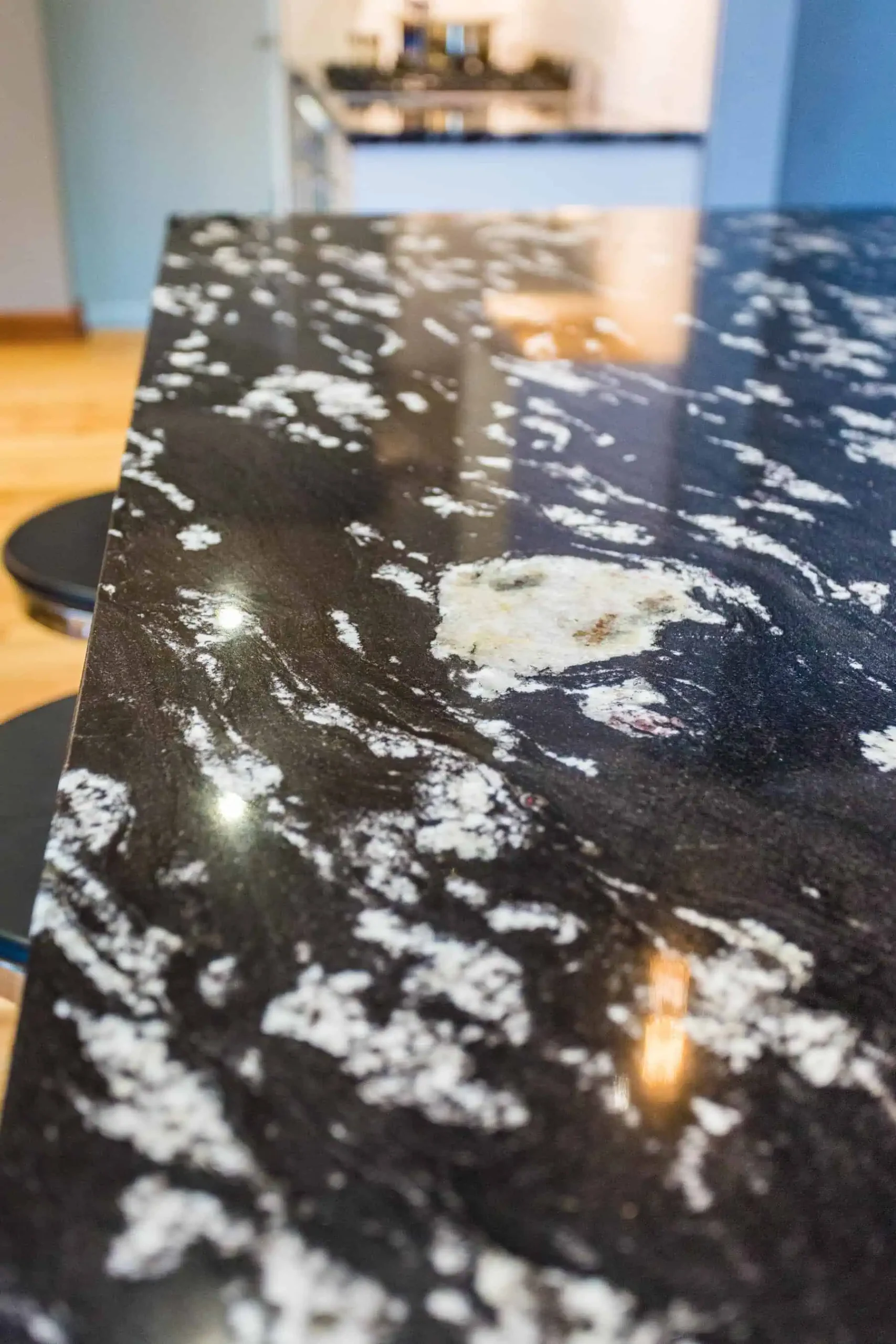 Polished black granite countertop surface