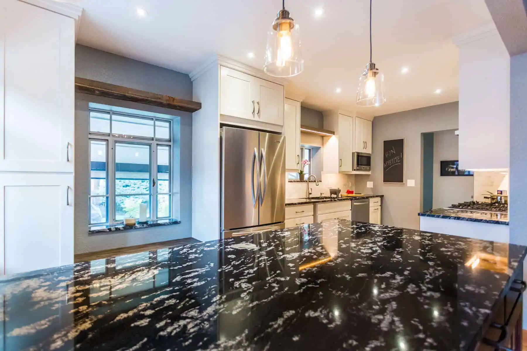 Modern kitchen with dark countertop