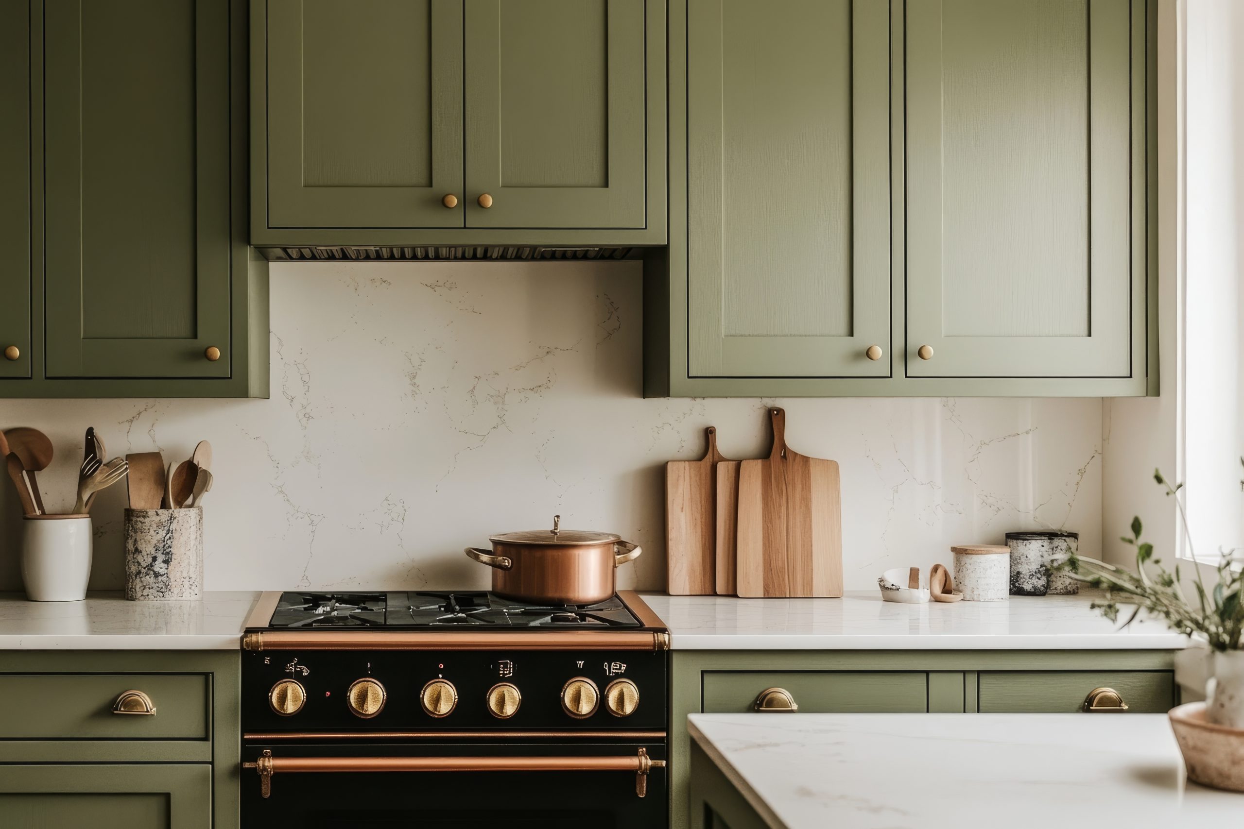Modern green kitchen with copper accents