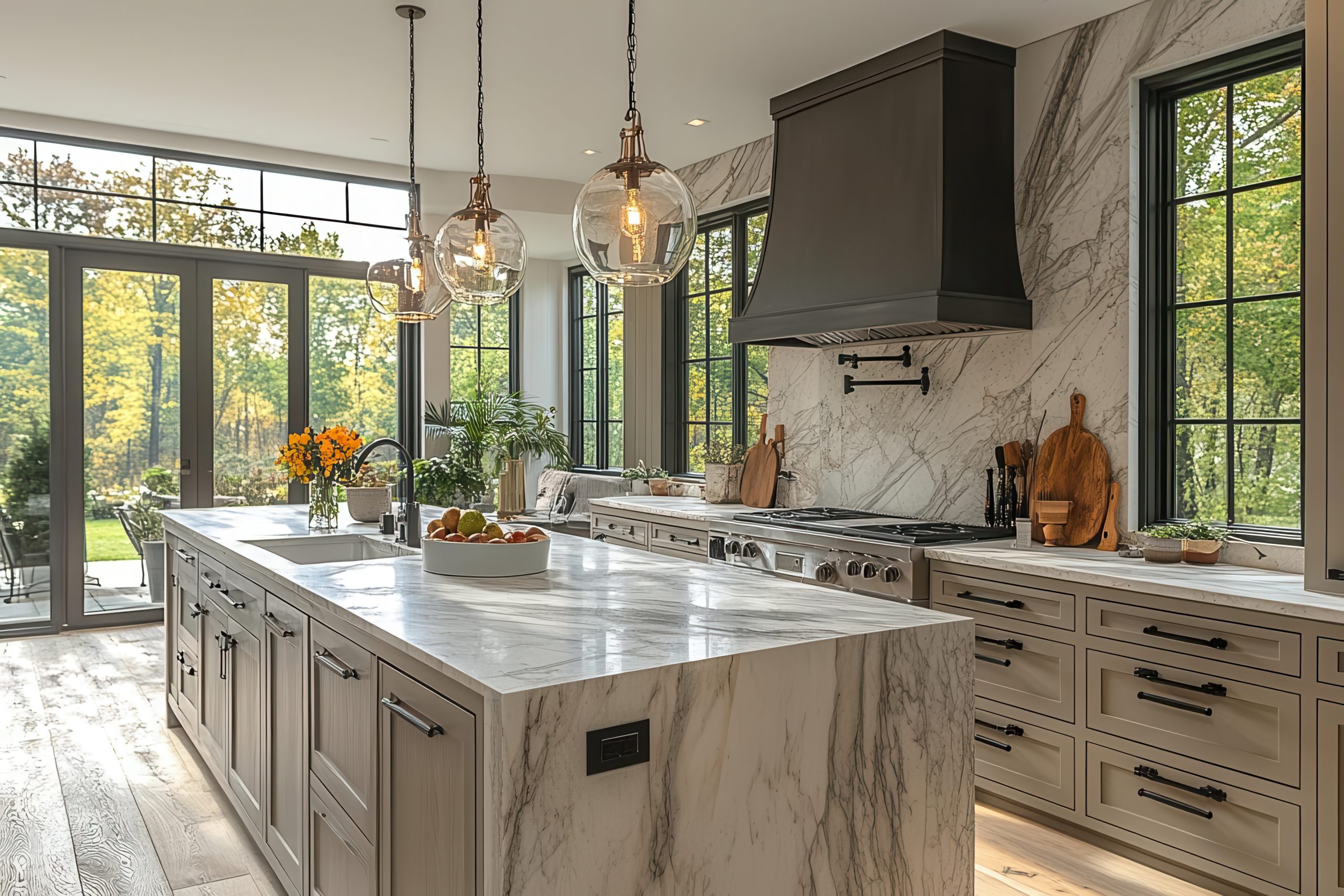 Modern kitchen with marble countertops.